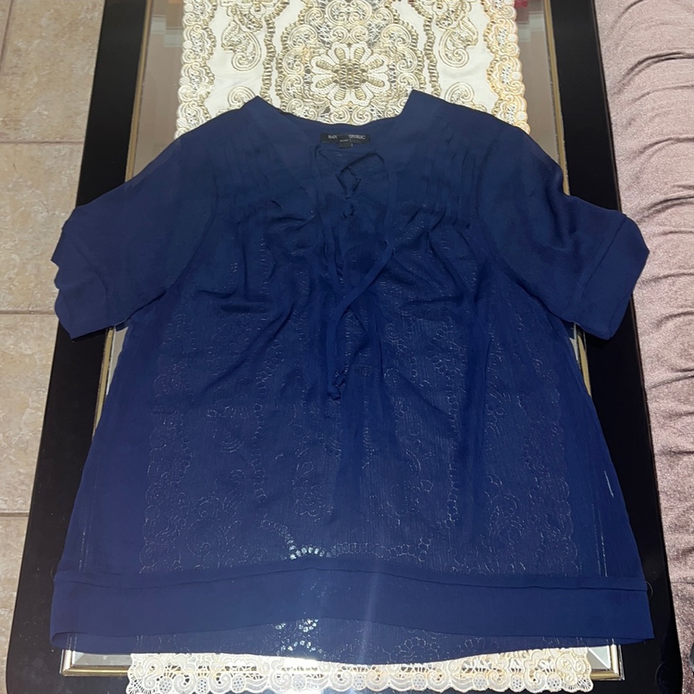 Banana Republic navy blue sheer short-sleeve blouse with tie front